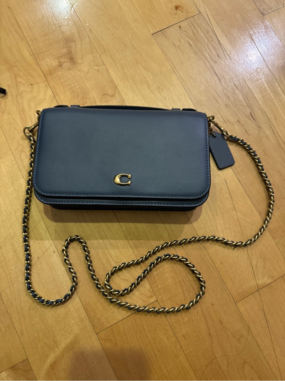 Coach Navy Leather Flap Crossbody with Gold Chain